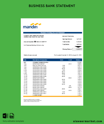 Mandiri enterprise account Hesap Özeti Word and PDF Şablon