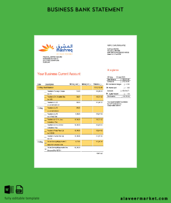 Mashreq Banka Şirket checking account Hesap Özeti Word and PDF Şablon