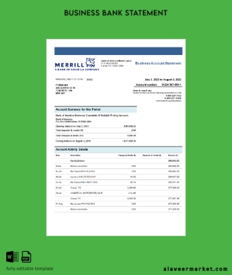 Merrill Banka organization account Hesap Özeti Word and PDF Şablon