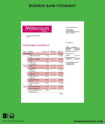Millenium Banka enterprise Hesap Özeti Word and PDF Şablon