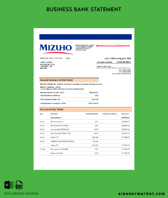 Mizuho Financial Group Banka Şirket account Hesap Özeti Word and PDF Şablon