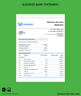 Monese Banka İşletme Banka Hesap Özeti Word and PDF format