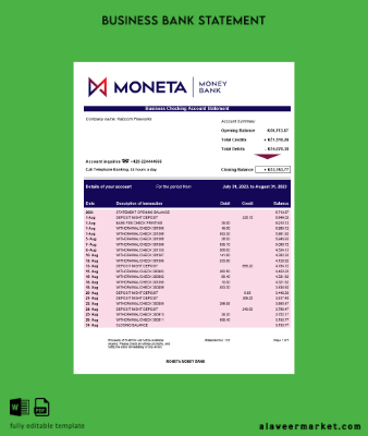Moneta Money Banka firm account Hesap Özeti Word and PDF Şablon