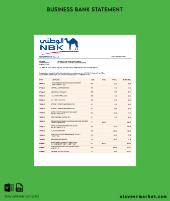NBK Banka İşletme Hesap Özeti Word and PDF Şablon
