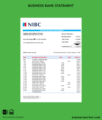 NIBC Banka İşletme organization checking Hesap Özeti Word and PDF format