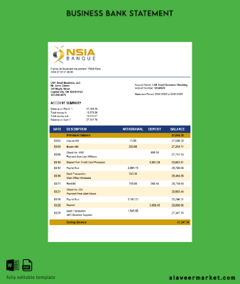 NSIA Banque İşletme Banka Hesap Özeti Word and PDF format