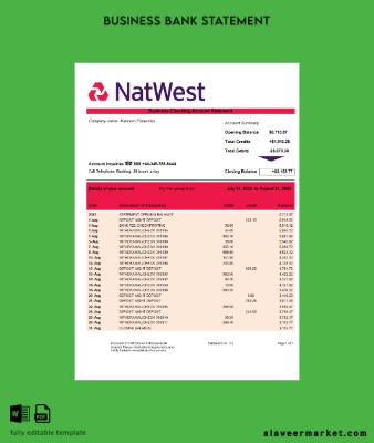 NatWest Banka enterprise account Hesap Özeti Word and PDF Şablon