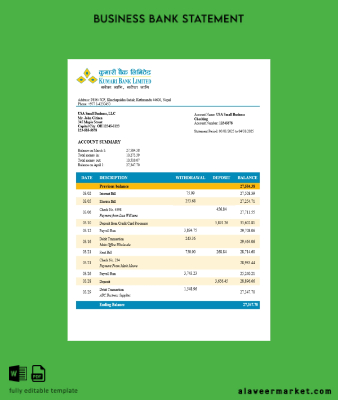 Nepal Kumari İşletme account Hesap Özeti Word and PDF Şablon (1)