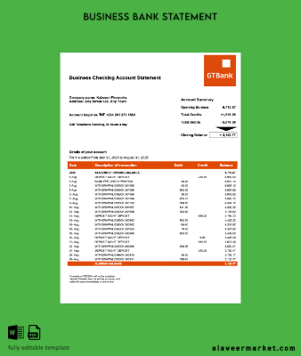 Nijerya Banka firm account Hesap Özeti Word and PDF Şablon
