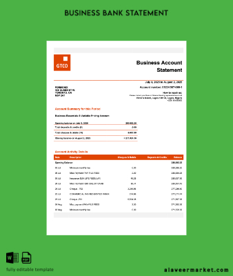 Nijerya Guaranty Trust Banka Plc. corporate Hesap Özeti Word and PDF Şablon