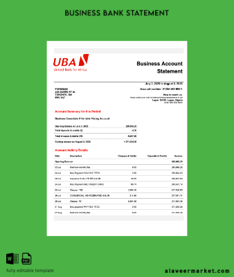 Nijerya UBA İşletme checking account Hesap Özeti Word and PDF Şablon