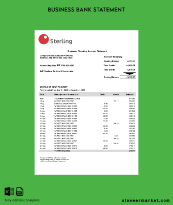 Nigerienia Sterling Banka corporate account Hesap Özeti Word and PDF Şablon