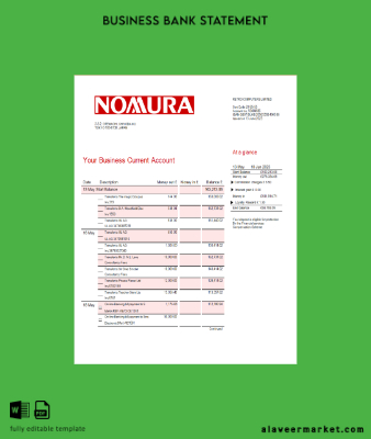 Nomura Banka İşletme Hesap Özeti Word and PDF Şablon