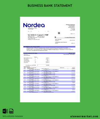 Nordea Banka enterprise checking account Hesap Özeti Word and PDF Şablon