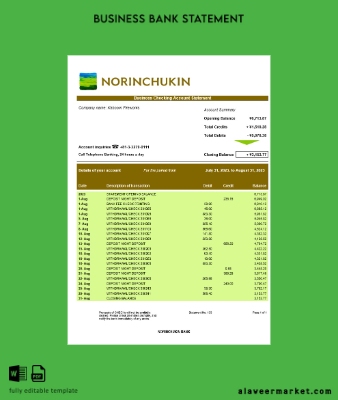 Norinchukin Banka enterprise Hesap Özeti Word and PDF Şablon