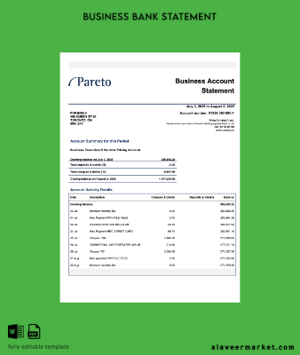 Norveç Pareto İşletme checking account Hesap Özeti Word and PDF Şablon