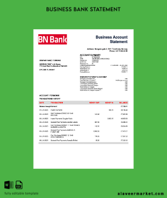 Norwegian BN Banka firm account Hesap Özeti Word and PDF Şablon