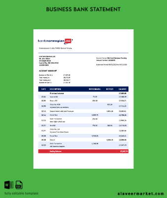 Norwegian Banka Norwegian AS organization Hesap Özeti Word and PDF Şablon
