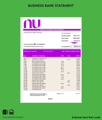 Banka corporate checking account Hesap Özeti Word and PDF Şablon