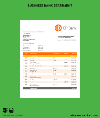 OP Banka Şirket account Hesap Özeti Word and PDF Şablon