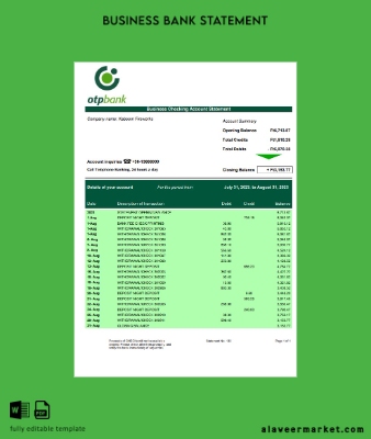 OTP Banka firm Hesap Özeti Word and PDF Şablon