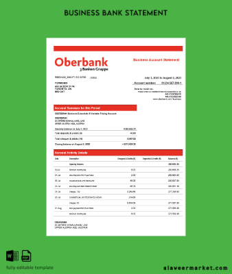 Banka Şirket checking account Hesap Özeti Word and PDF Şablon