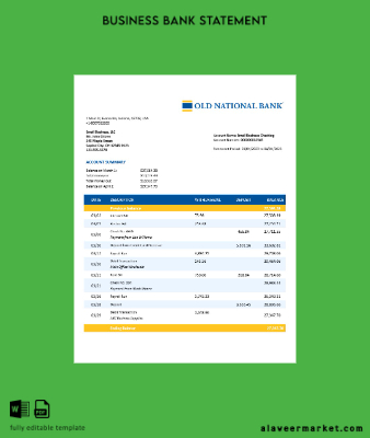 Old National Banka organization account Hesap Özeti Word and PDF Şablon