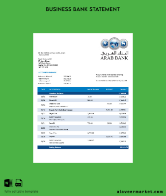 Umman Arab Banka Şirket checking account Hesap Özeti Word and PDF Şablon
