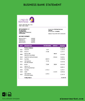 Umman Banka Nizwa firm Hesap Özeti Word and PDF Şablon
