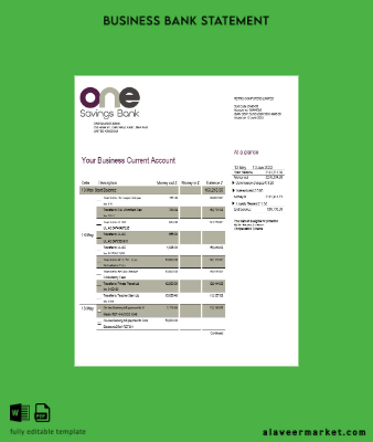 Onesavings Banka İşletme checking account Hesap Özeti Word and PDF Şablon
