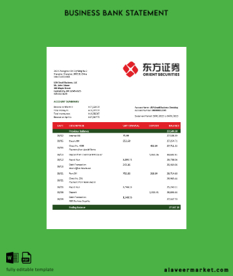 Orient Securities İşletme Banka Hesap Özeti Word and PDF Şablon