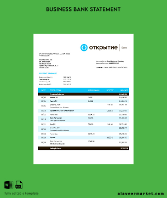 Otkritie FC Banka enterprise account Hesap Özeti Word and PDF Şablon