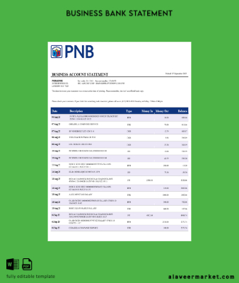 PNB Banka İşletme account Hesap Özeti Word and PDF Şablon