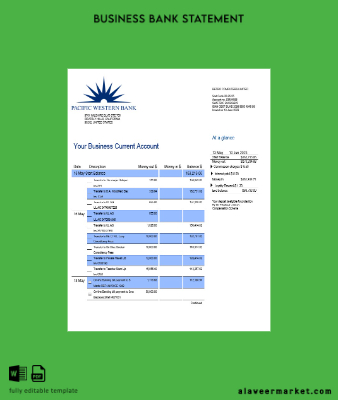 Pacwest Banka corporate checking account Hesap Özeti Word and PDF Şablon