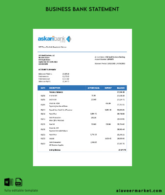 Pakistan Askari Banka İşletme checking account Hesap Özeti Word and PDF Şablon