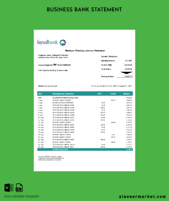 Pakistan Faysal firm account Hesap Özeti Word and PDF Şablon