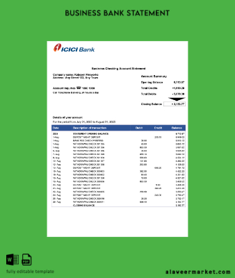 Pakistan ICICI firm account Hesap Özeti Word and PDF Şablon