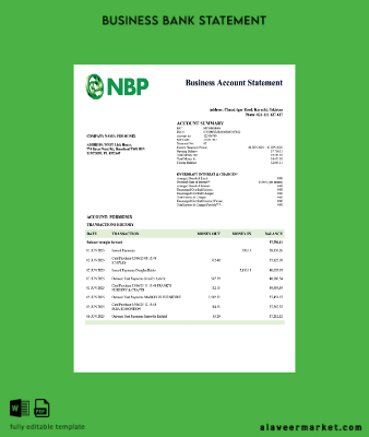 Pakistan NBP İşletme checking account Hesap Özeti Word and PDF Şablon
