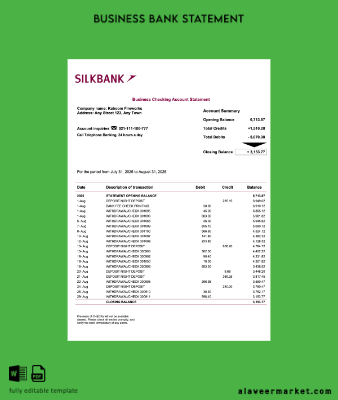 Pakistan Banka firm account Hesap Özeti Word and PDF Şablon