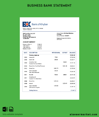 Pakistan The Banka of Khyber enterprise account Hesap Özeti Word and PDF Şablon