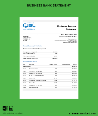 Pakistan UBL enterprise account Hesap Özeti Word and PDF Şablon