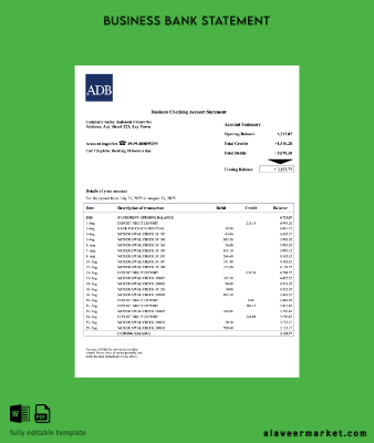 Palau ADB corporate checking account Hesap Özeti Word and PDF Şablon