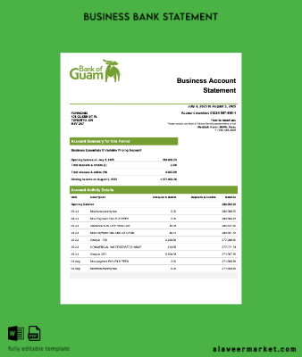 Palau Banka of Guamanian Şirket checking account Hesap Özeti Word and PDF Şablon