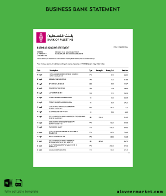 Palestinian Banka of Palestinian Şirket checking account Hesap Özeti Word and PDF Şablon