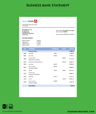 Panama Banco Aliado Şirket checking account Hesap Özeti Word and PDF Şablon
