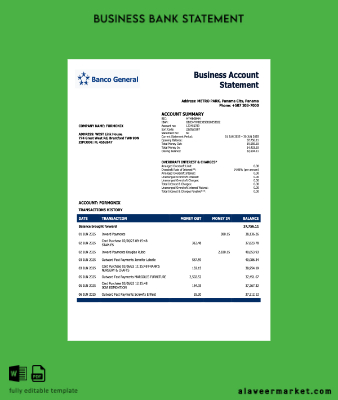 Panama Banco General enterprise account Hesap Özeti Word and PDF format
