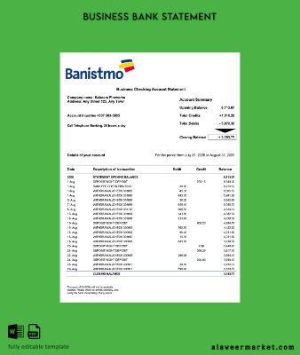 Panama Banistmo Banka Şirket checking account Hesap Özeti Word and PDF Şablon