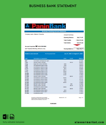Panin Banka organization checking account Hesap Özeti Word and PDF Şablon