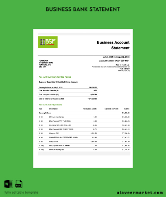 Papua Yeni Guinea BSP firm checking account Hesap Özeti Word and PDF Şablon