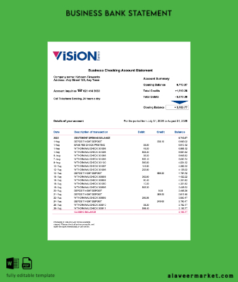 Paraguay Vision Banco enterprise Hesap Özeti Word and PDF Şablon